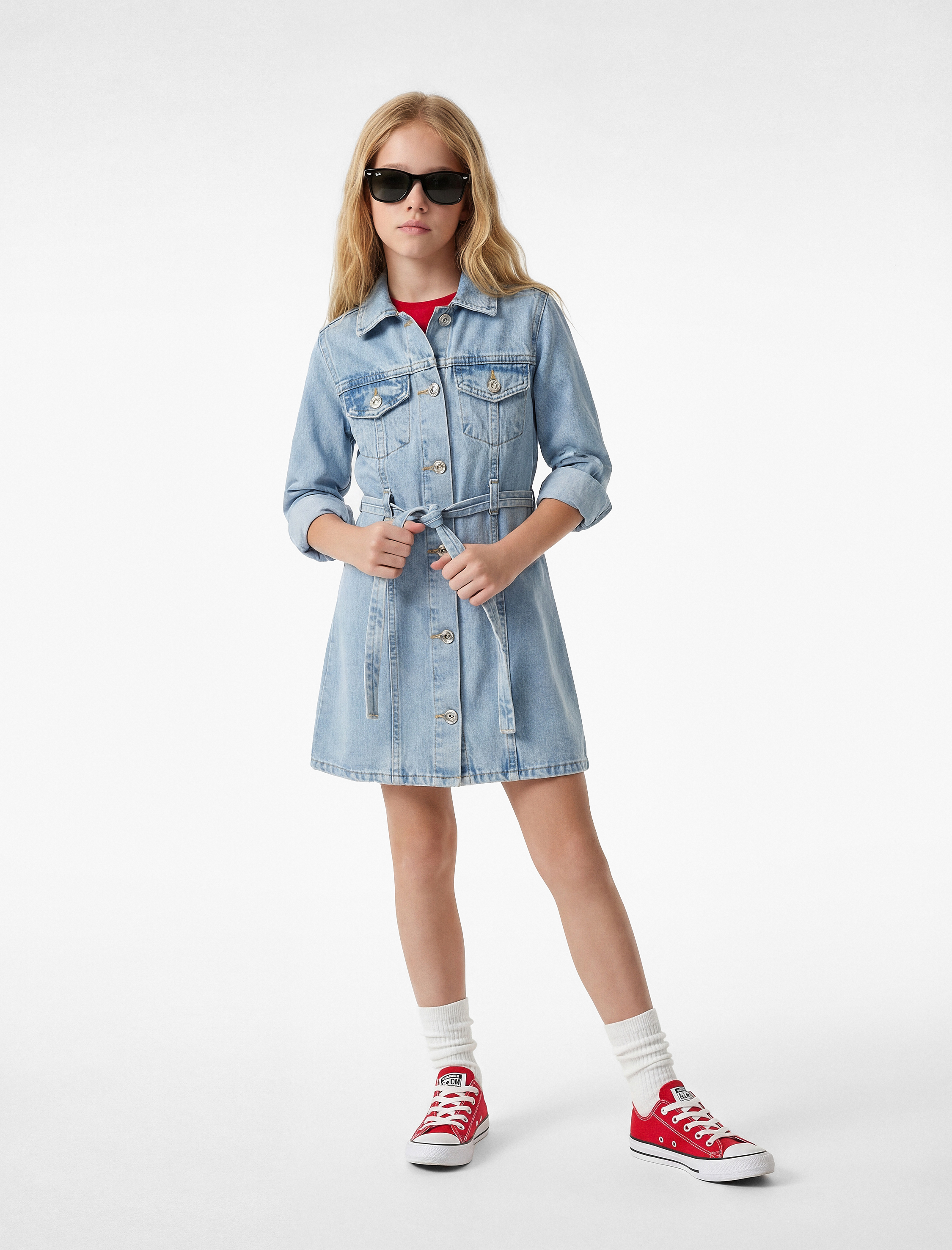  Kız Çocuk Uzun Kollu Gömlek Yaka Cepli Kemerli Denim Elbise