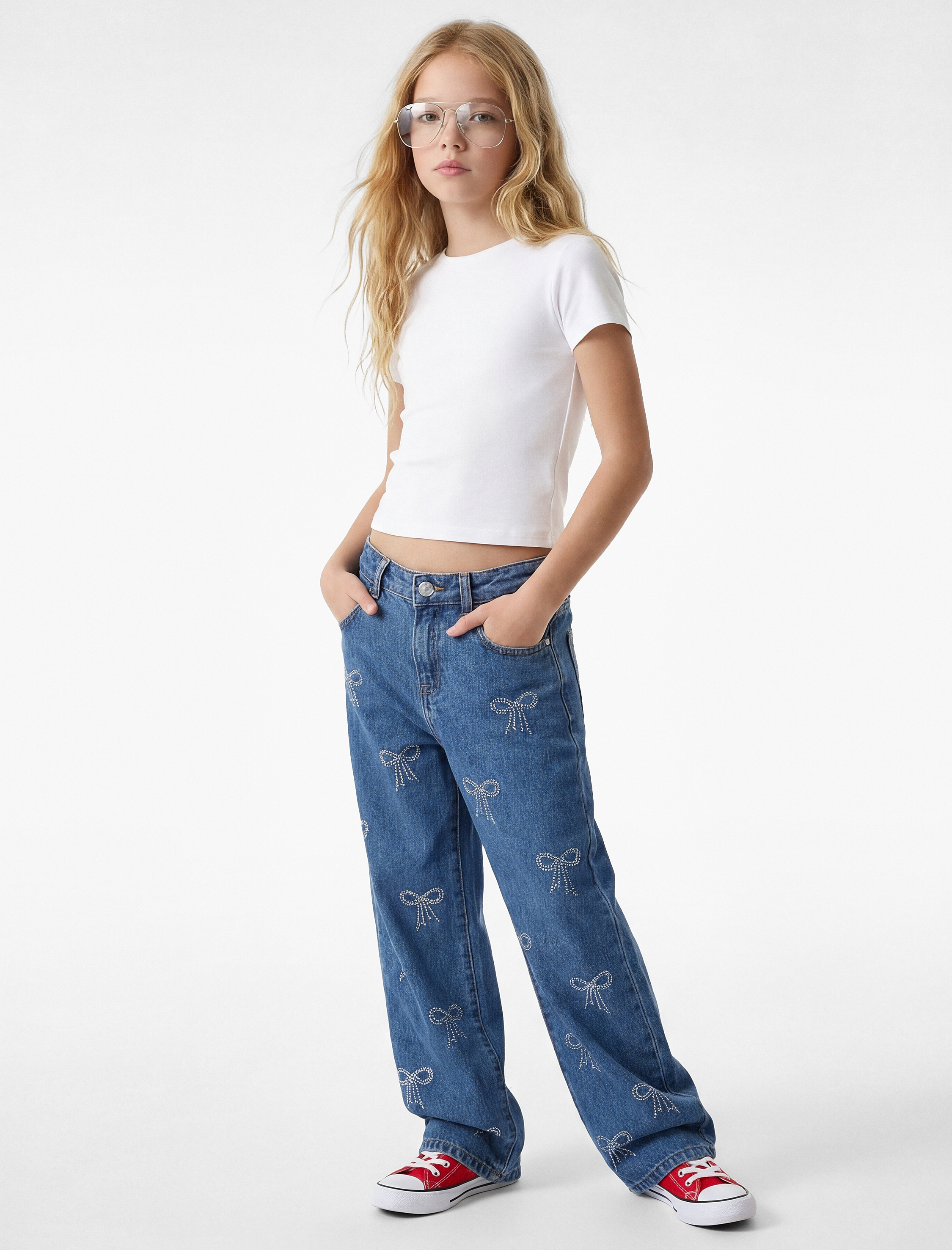  Kız Çocuk Pamuklu Fiyonk Baskılı Taş Detaylı Denim Pantolon