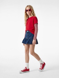 Pamuklu Düğmeli Balon Form Pileli Mini Jean Etek