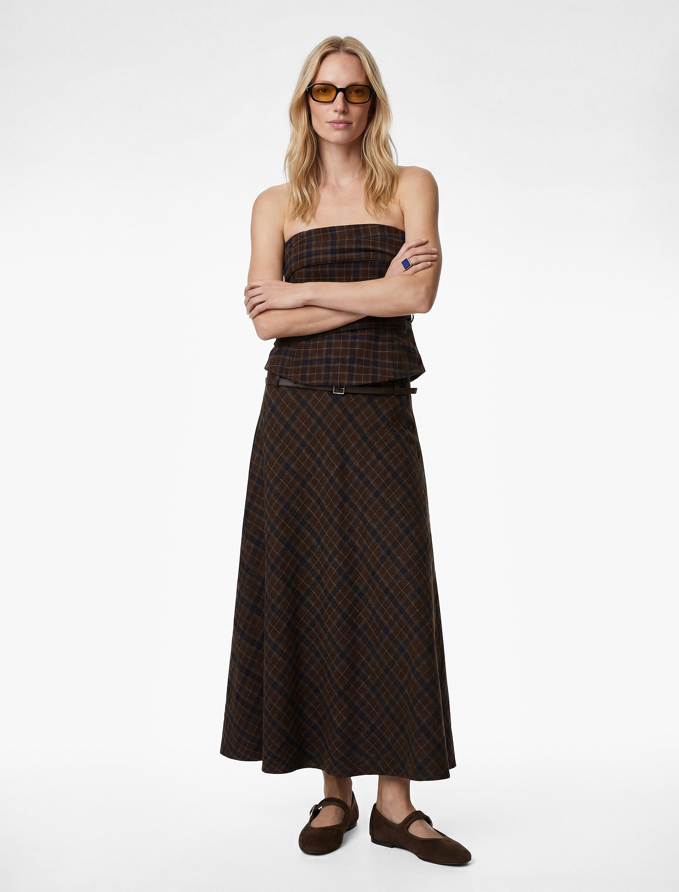   Kloş Kesim Kemerli Cepli Midi Boy Ekose Etek