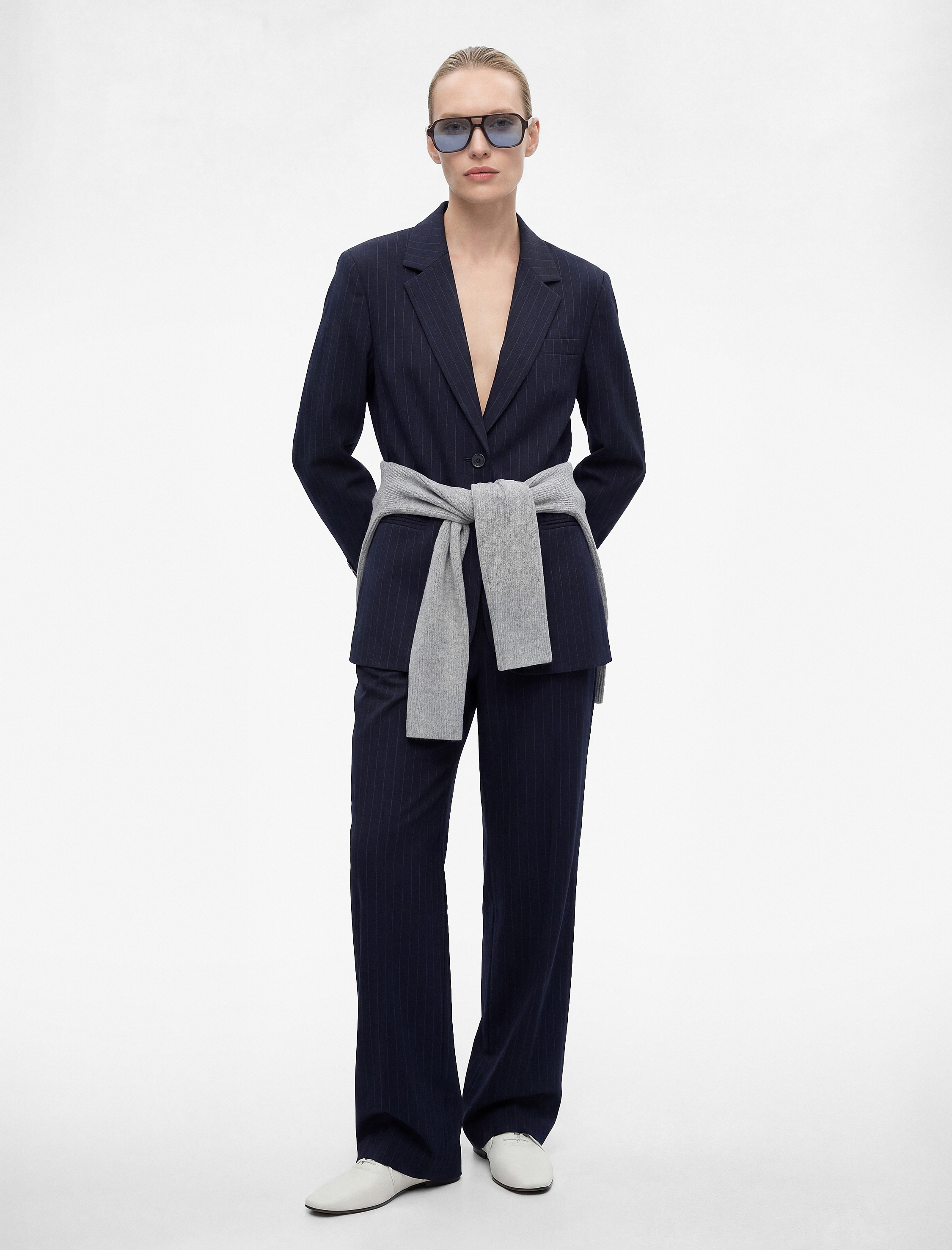   Yüksek Bel Geniş Paça Viskon Karışımlı Çizgili Pantolon