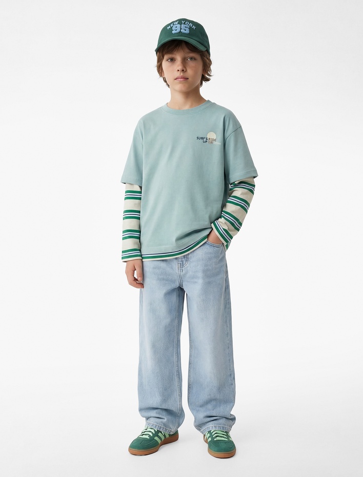 Erkek Çocuk Pamuklu Kısa Kollu Bisiklet Yaka Baskılı Tişört