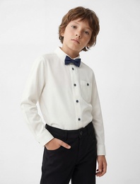 Uzun Kollu Cep Detaylı Düğmeli Papyonlu Gömlek