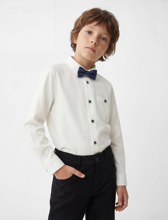 Erkek Çocuk Uzun Kollu Cep Detaylı Düğmeli Papyonlu Gömlek