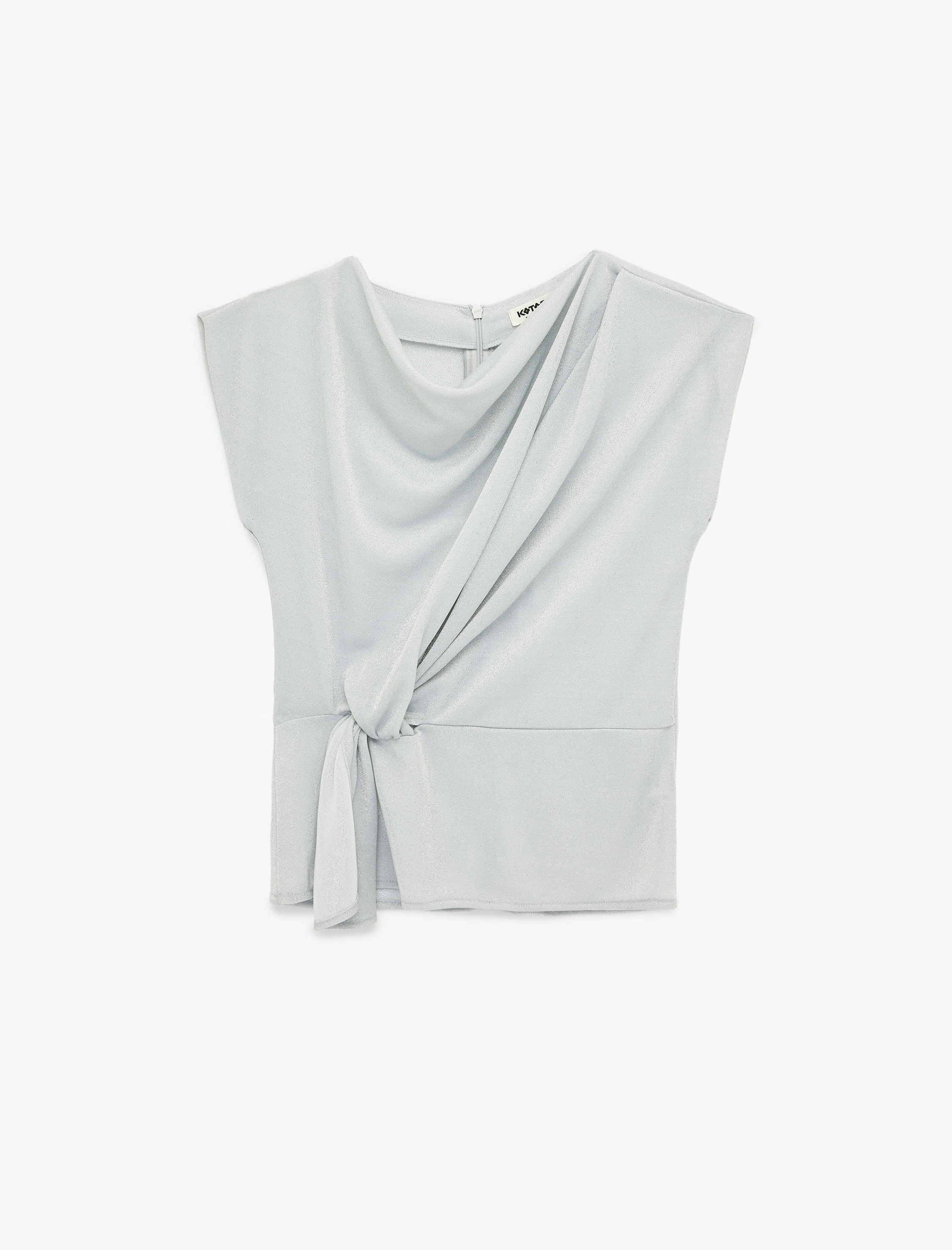   Dökümlü Yaka Kısa Kollu Düğüm Detaylı Parıltılı Simli Bluz