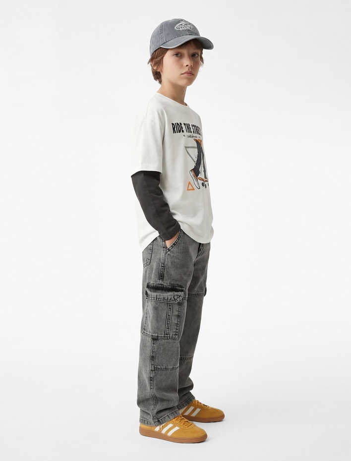 Erkek Çocuk Kaykay Baskılı Kısa Kollu Bisiklet Yaka Pamuklu Tişört