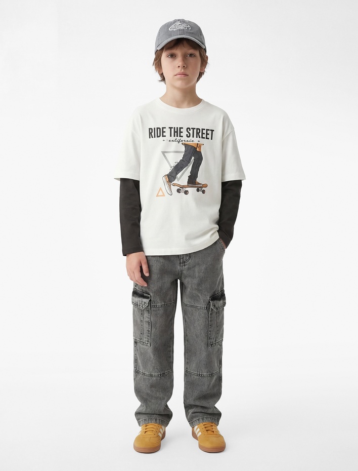 Erkek Çocuk Kaykay Baskılı Kısa Kollu Bisiklet Yaka Pamuklu Tişört