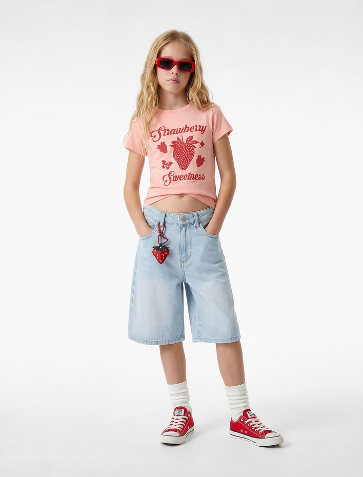 Kız Çocuk Çilek Baskılı Kısa Kollu Bisiklet Yaka Pamuklu Tişört