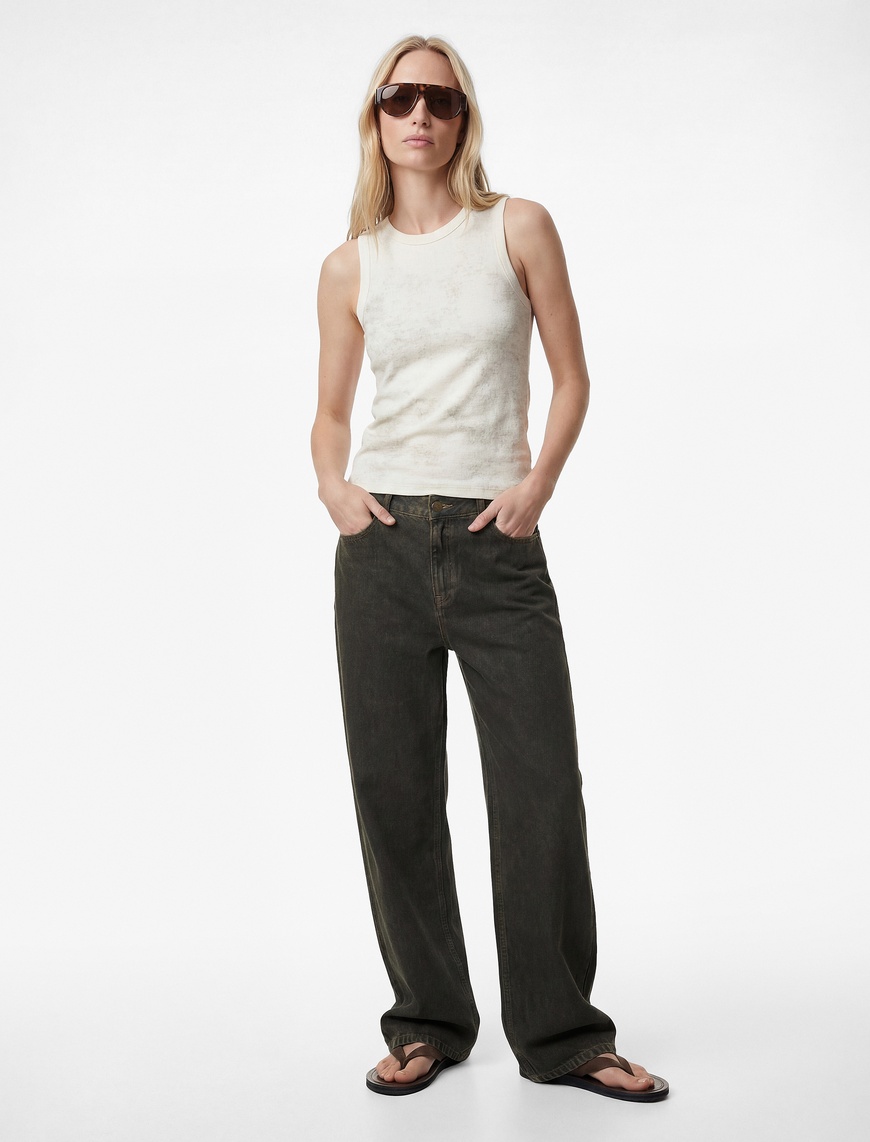 ♡　q Sarı Kadın Simli Soyut Baskılı Bisiklet Yaka Slim Fit Kolsuz Bluz