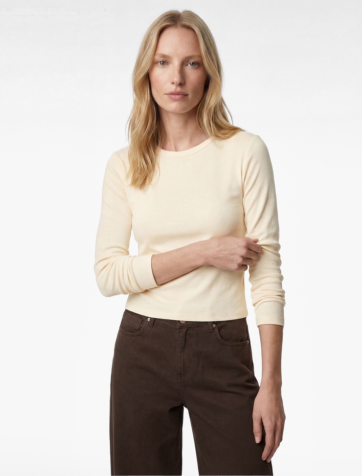  Viskon Ribanalı Slim Fit Uzun Kollu Bisiklet Yaka Tişört