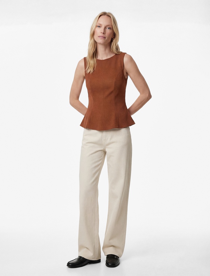  Slim Fit Asimetrik Peplum Bisiklet Yaka Kolsuz Bluz