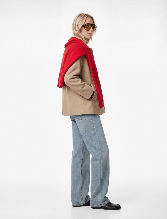  Cepli Düğmeli Uzun Kollu Kısa Kaşe Kaban