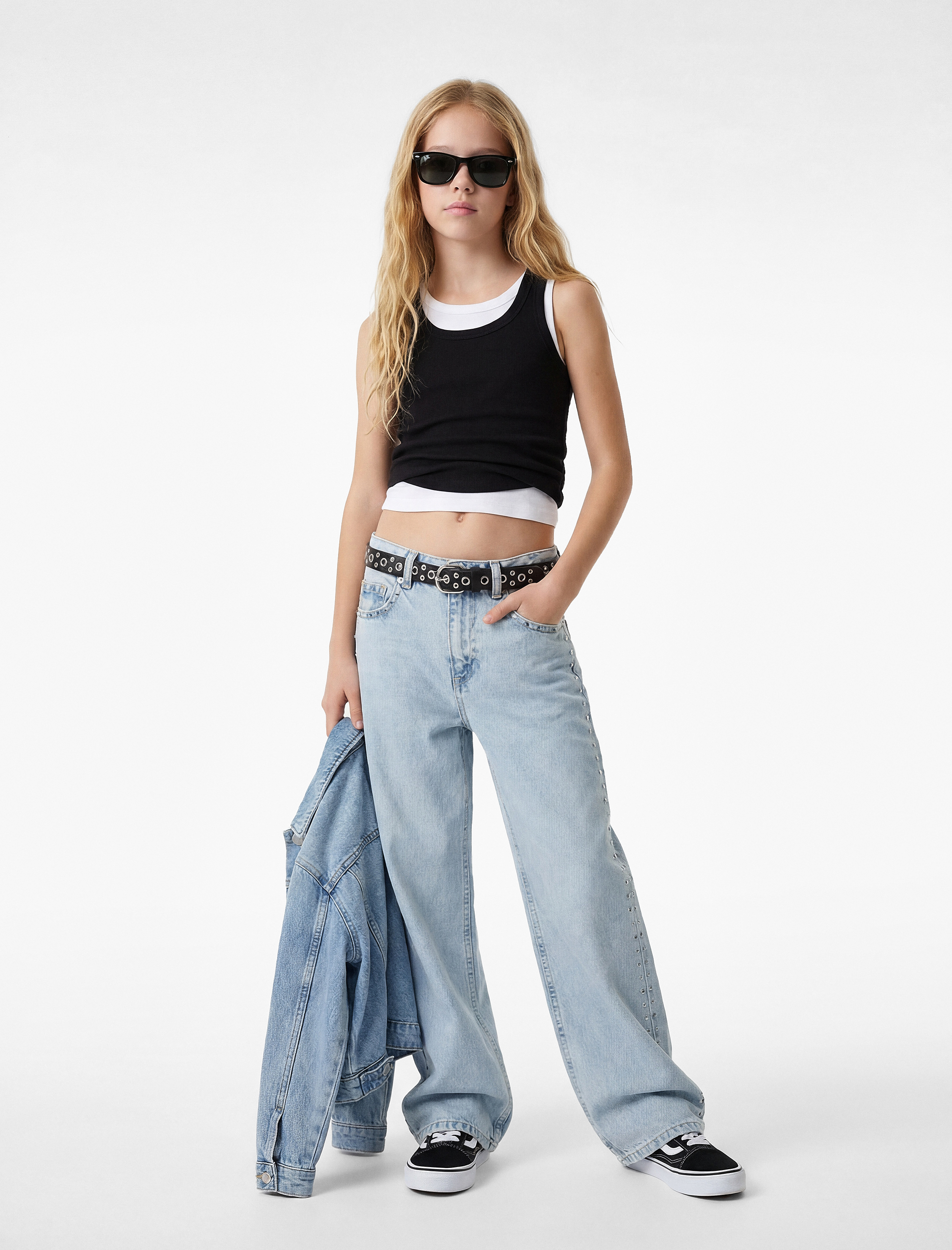  Kız Çocuk Pamuklu Cepli Geniş Paça Denim Pantolon