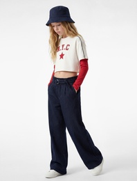 Kemer Detaylı Rahat Kalıp Çizgili Geniş Paça Pantolon