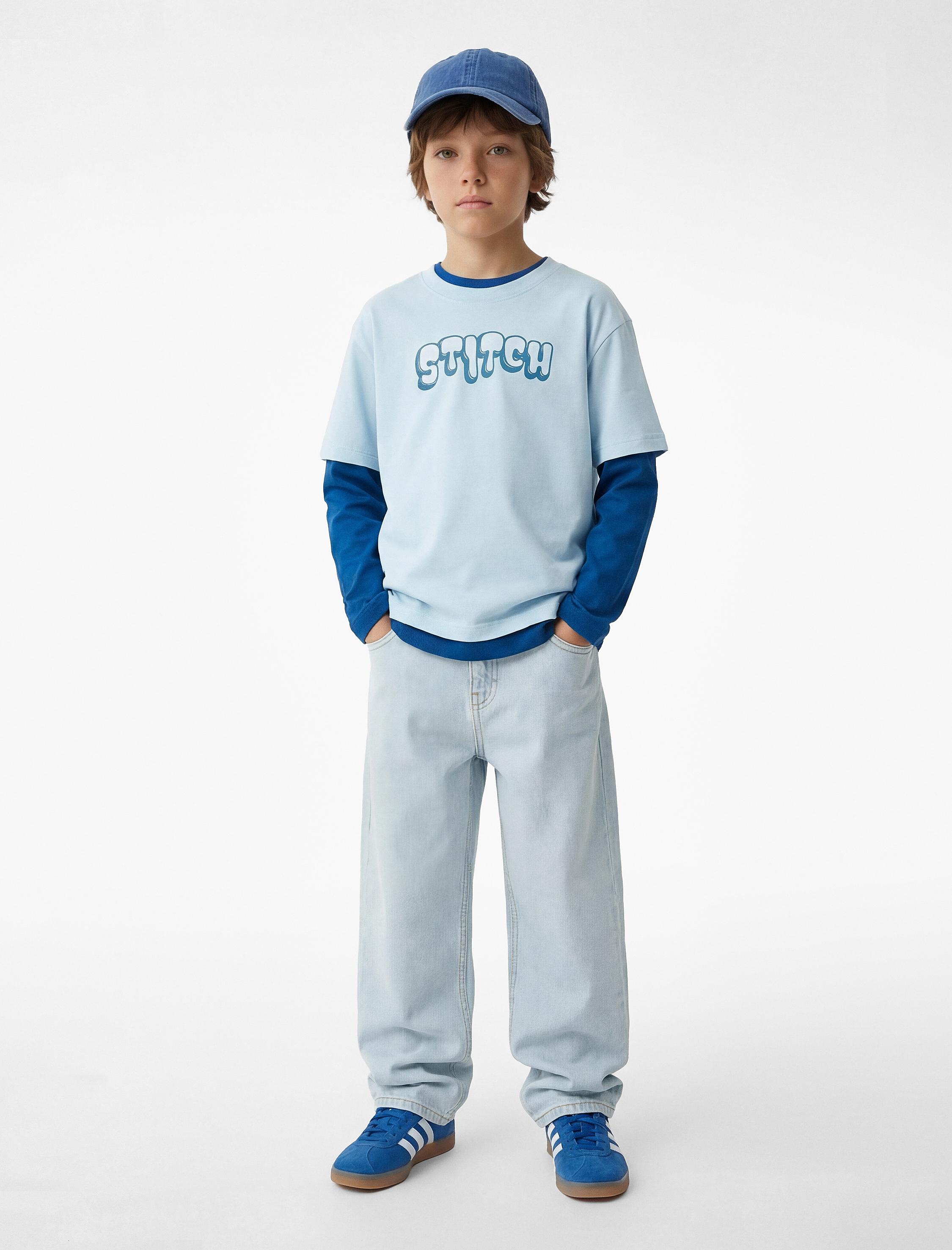  Erkek Çocuk Stitch Baskılı Kısa Kollu Bisiklet Yaka Lisanslı Tişört