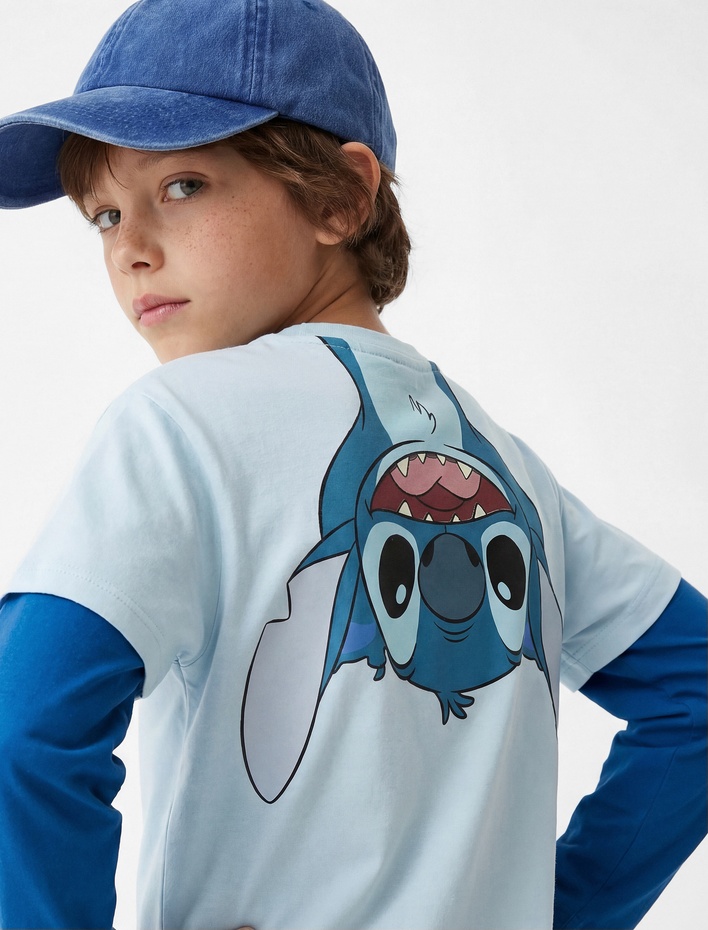 Erkek Çocuk Stitch Baskılı Kısa Kollu Bisiklet Yaka Lisanslı Tişört