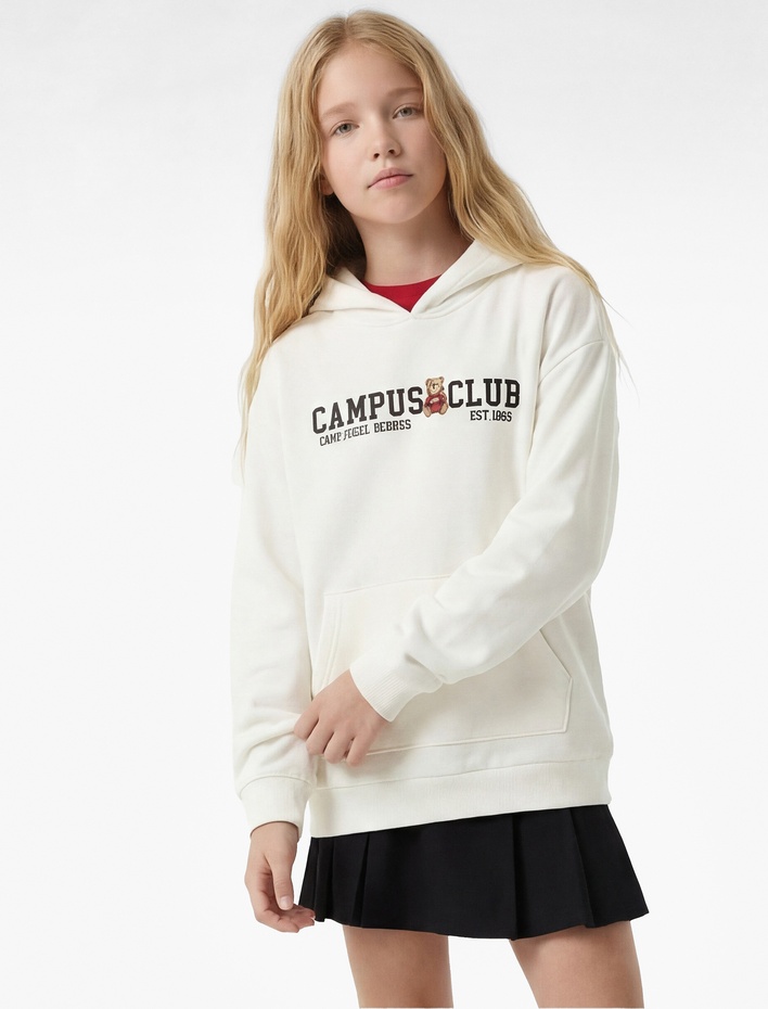 Kız Çocuk Uzun Kollu Baskılı Kanguru Cepli Kapşonlu Sweatshirt