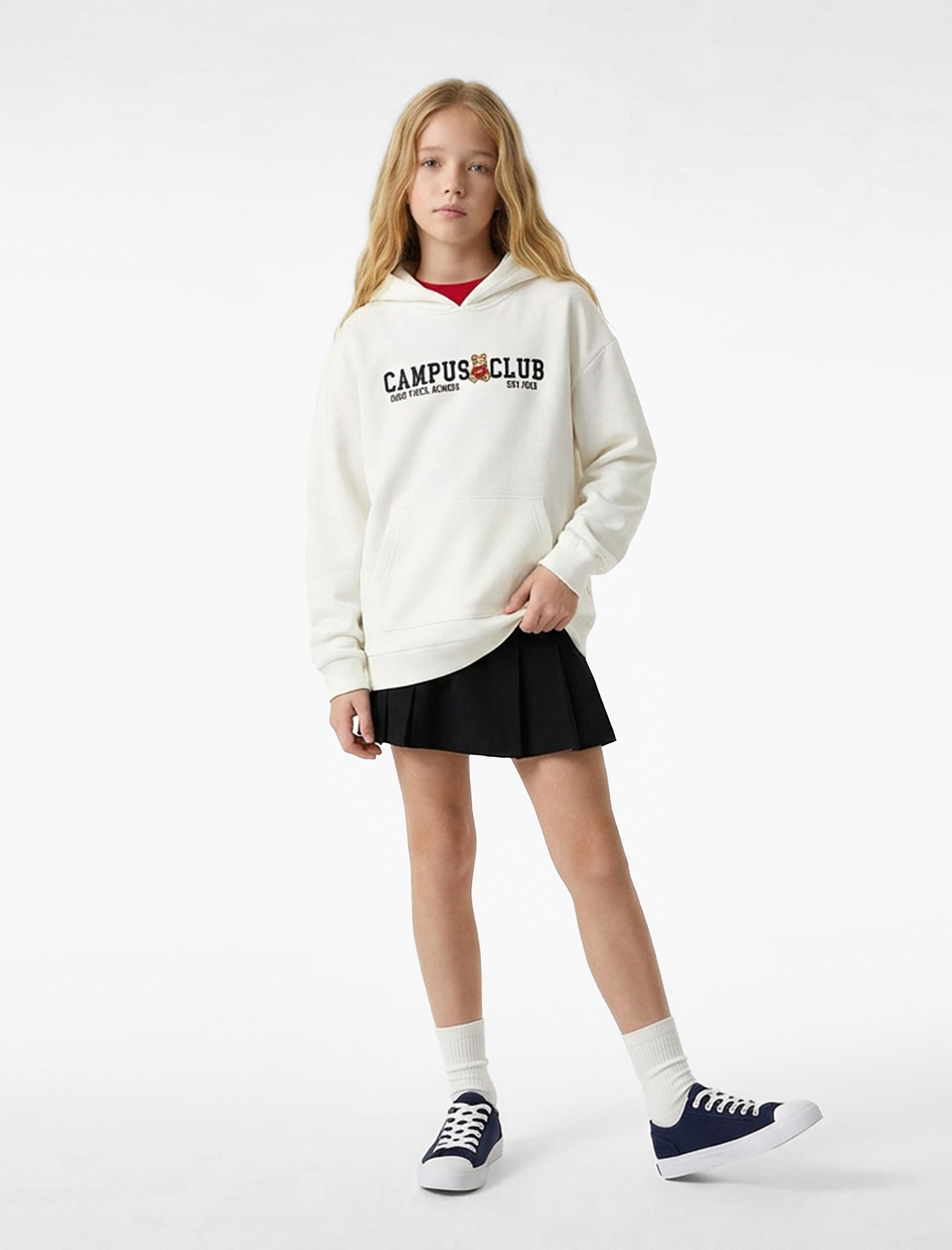  Kız Çocuk Uzun Kollu Baskılı Kanguru Cepli Kapşonlu Sweatshirt