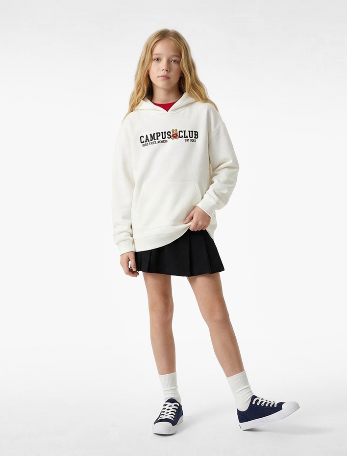 Kız Çocuk Uzun Kollu Baskılı Kanguru Cepli Kapşonlu Sweatshirt