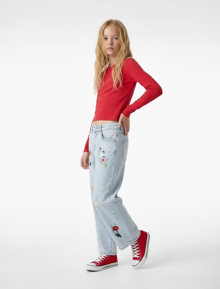 Kız Çocuk Pamuklu Yüksek Bel Çiçek İşlemeli Loose Fit Jean Pantolon