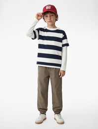 Pamuklu Kısa Kollu Bisiklet Yaka Çizgili Tişört