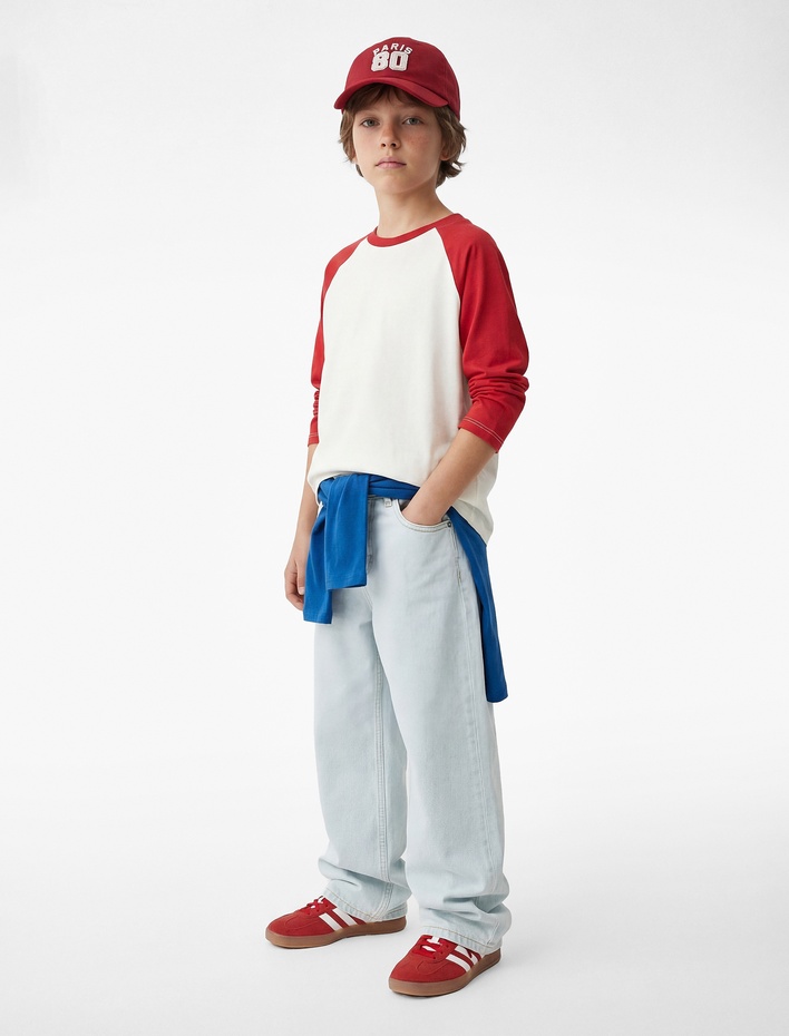 Erkek Çocuk Pamuklu Renk Bloklu Uzun Kollu Bisiklet Yaka Tişört