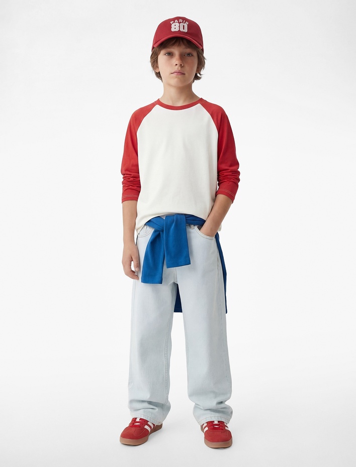 Erkek Çocuk Pamuklu Renk Bloklu Uzun Kollu Bisiklet Yaka Tişört