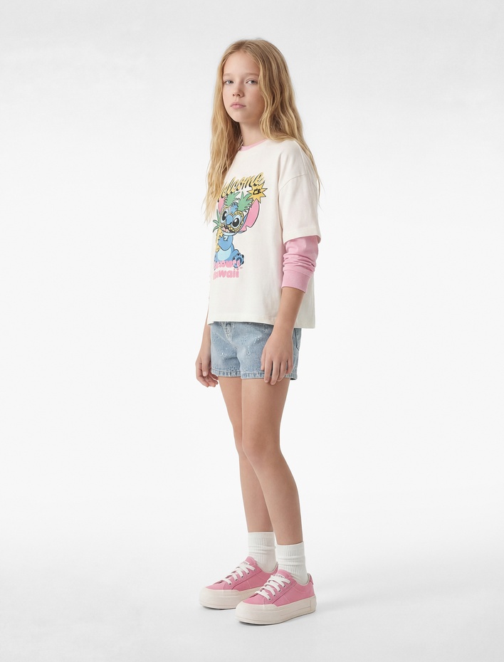 Kız Çocuk Stitch Baskılı Kısa Kollu Bisiklet Yaka Pamuklu Lisanslı Tişört