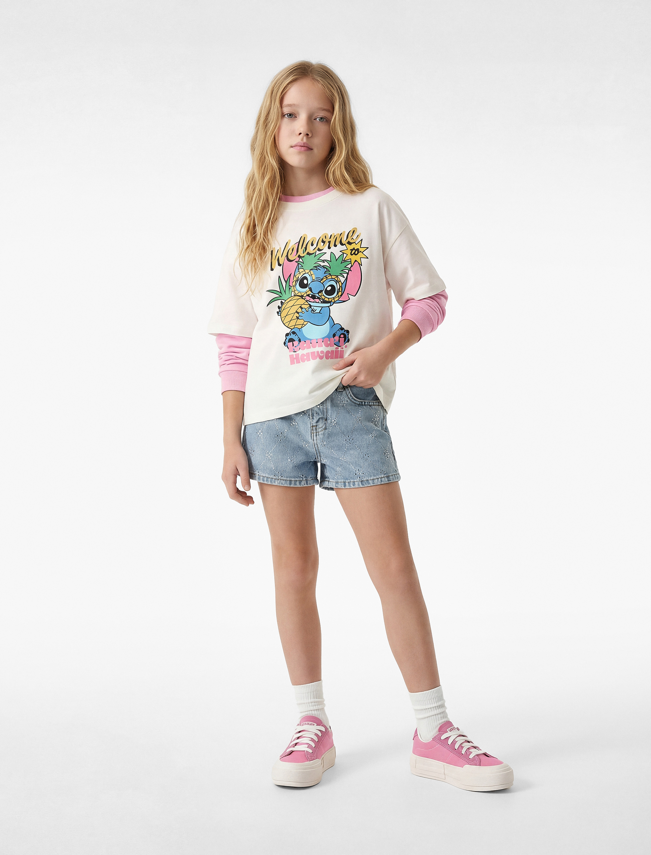  Kız Çocuk Stitch Baskılı Kısa Kollu Bisiklet Yaka Pamuklu Lisanslı Tişört