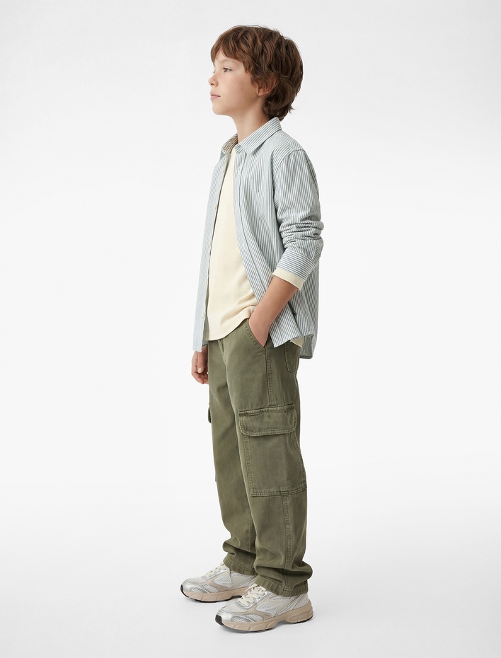 Erkek Çocuk Pamuklu Uzun Kollu Klasik Yaka Nakış Detaylı Çizgili Gömlek