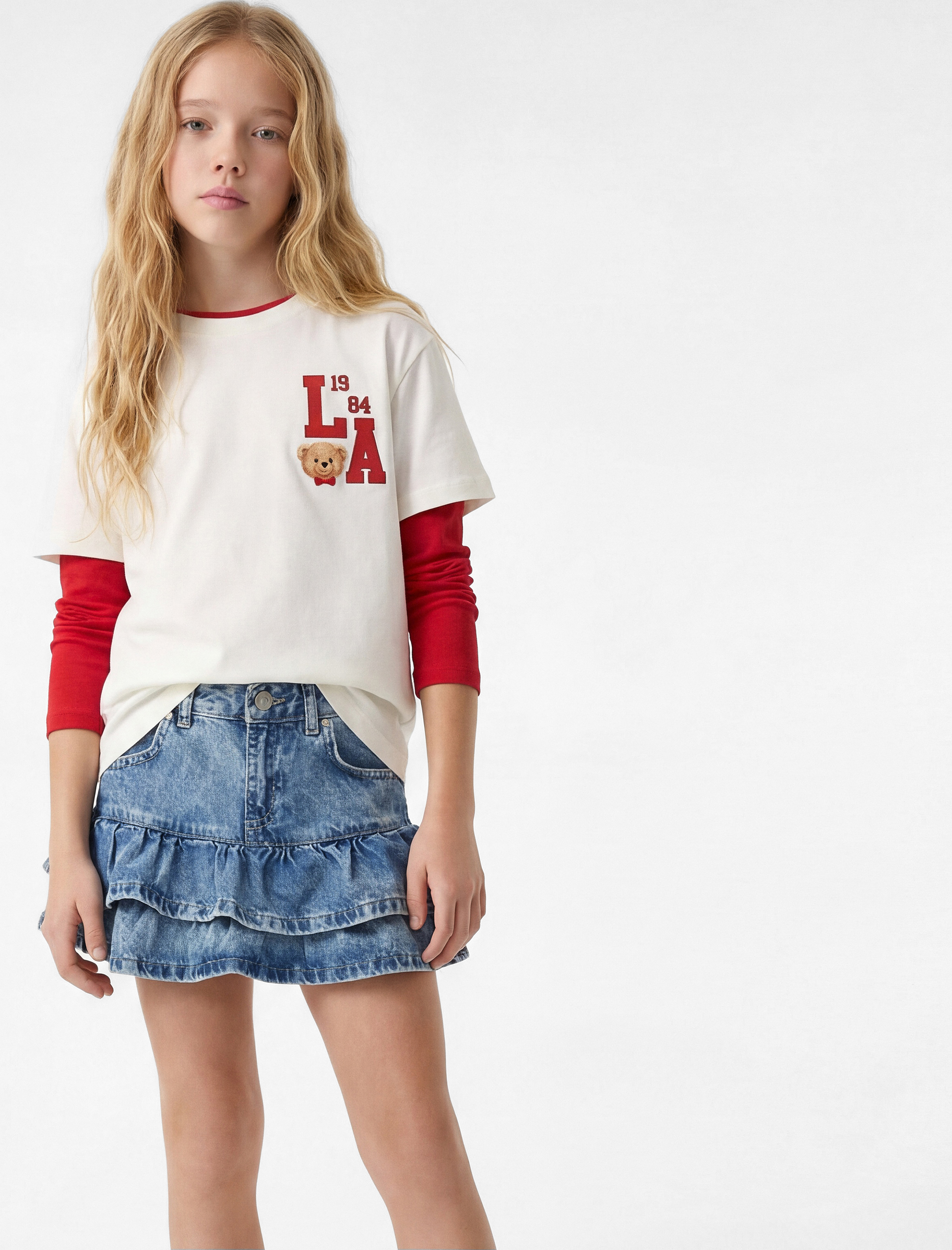  Kız Çocuk Pamuklu Kat Kat Fırfır Detaylı Cepli Mini Denim Etek