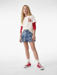 Pamuklu Kat Kat Fırfır Detaylı Cepli Mini Denim Etek