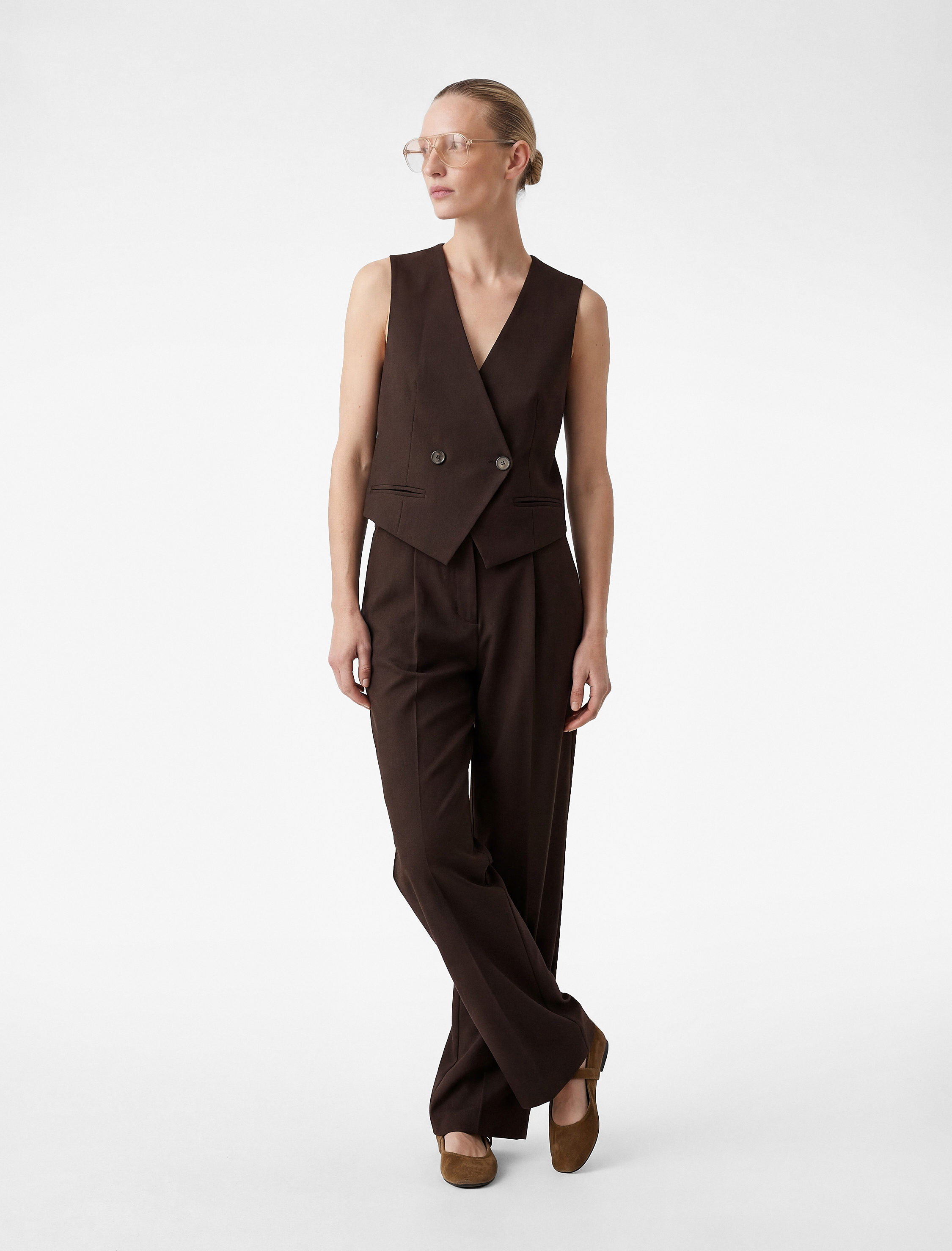   Düğmeli Cep Detaylı Viskon Karışımlı Kolsuz Kruvaze Yaka Yelek