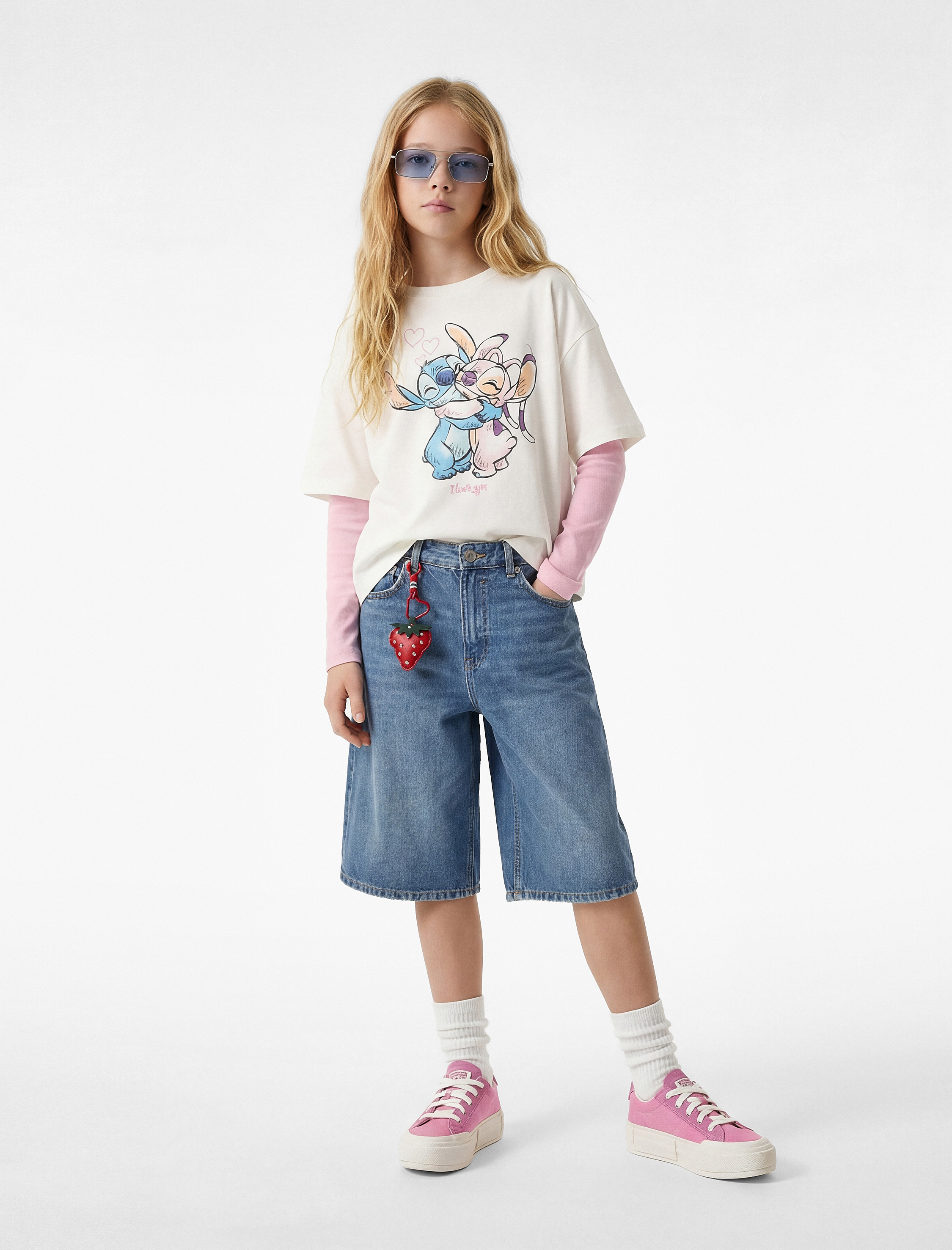  Kız Çocuk Stitch Baskılı Pamuklu Bisiklet Yaka Kısa Kollu Lisanslı Tişört