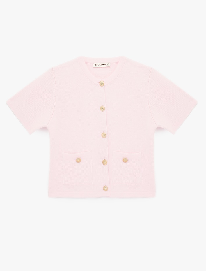  Düğmeli Cepli Kısa Kollu Bisiklet Yaka Triko Hırka