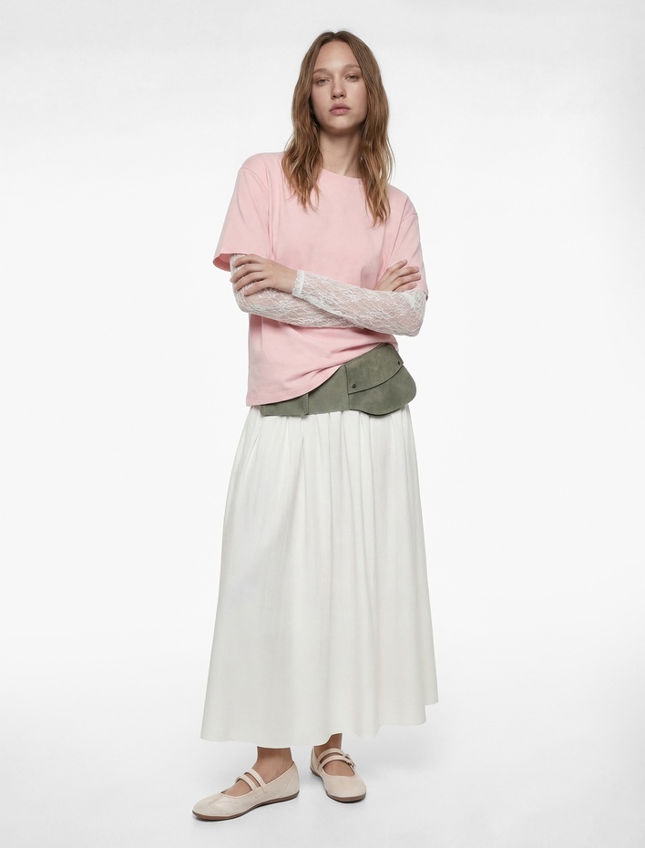  Rahat Kalıp Uzun Kollu Dantel Detaylı Bisiklet Yaka Tişört