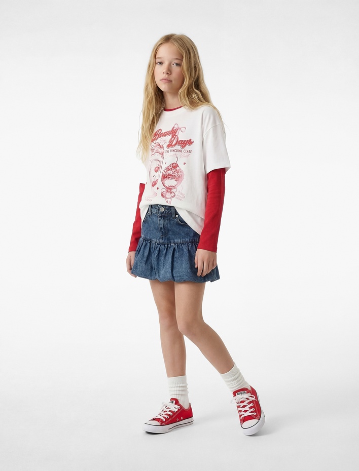 Kız Çocuk Pamuklu Düğmeli Yıpratmalı Cepli Mini Balon Denim Etek