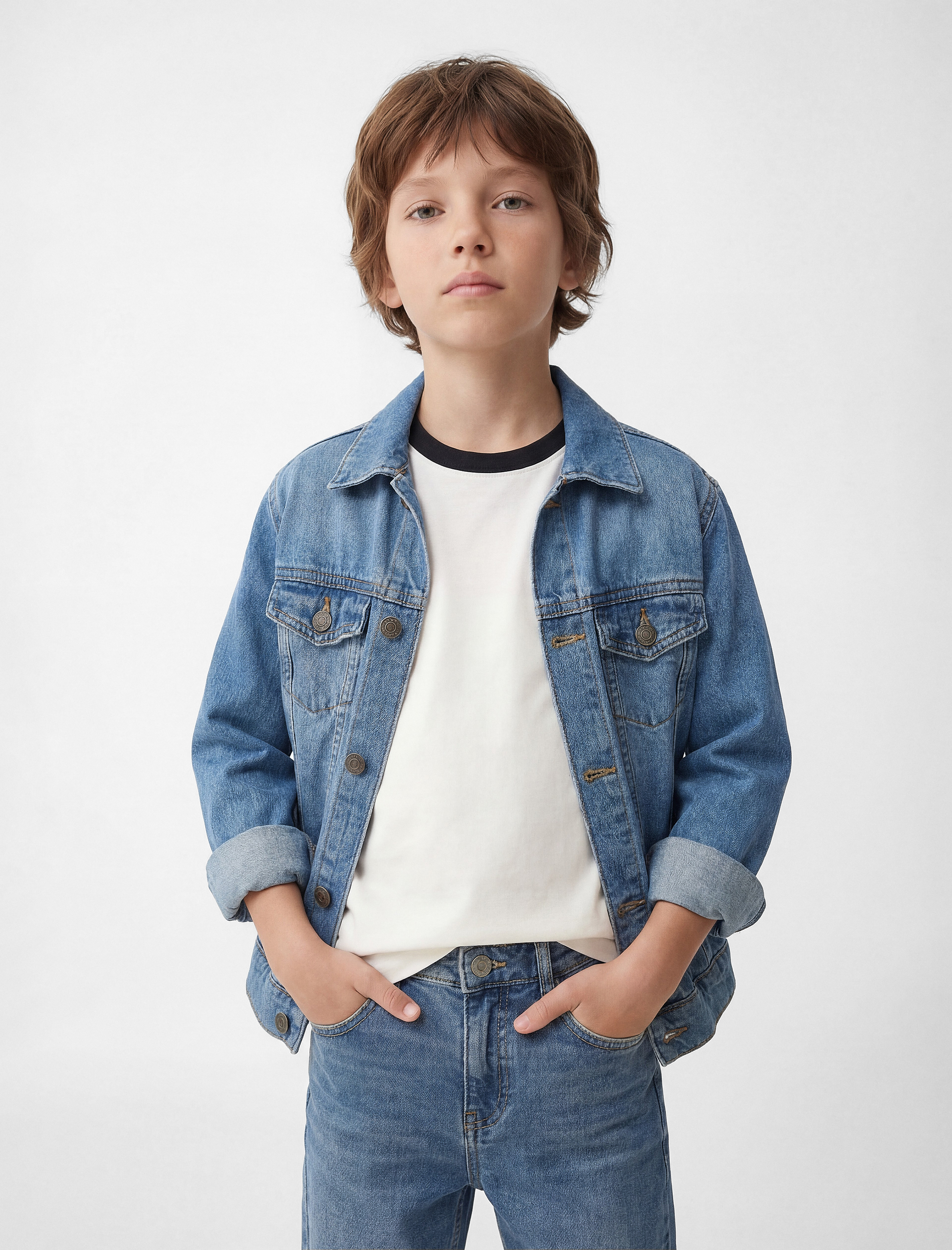  Erkek Çocuk Düğmeli Uzun Kollu Pamuklu Denim Ceket