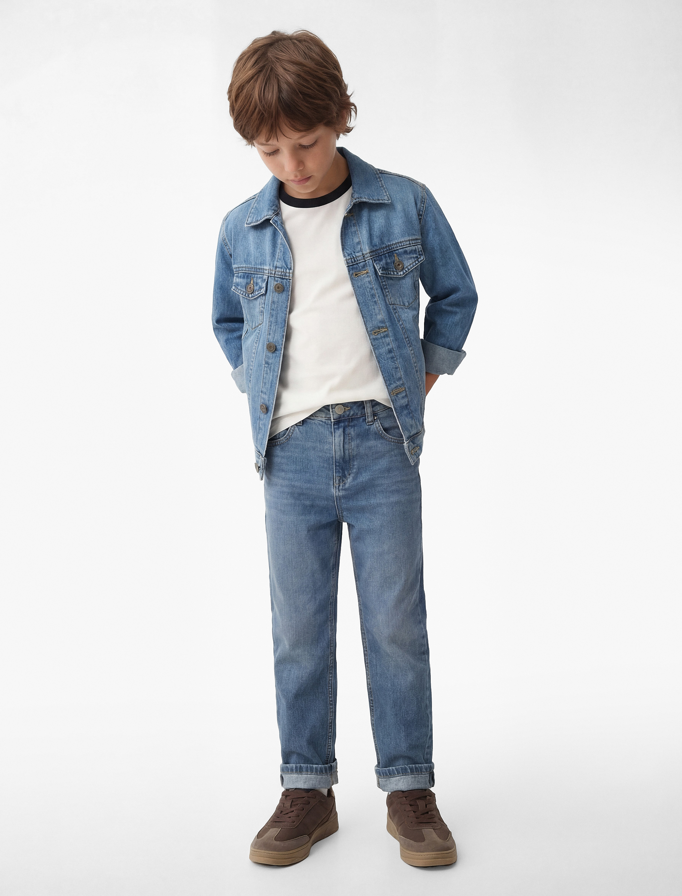  Erkek Çocuk Düğmeli Uzun Kollu Pamuklu Denim Ceket