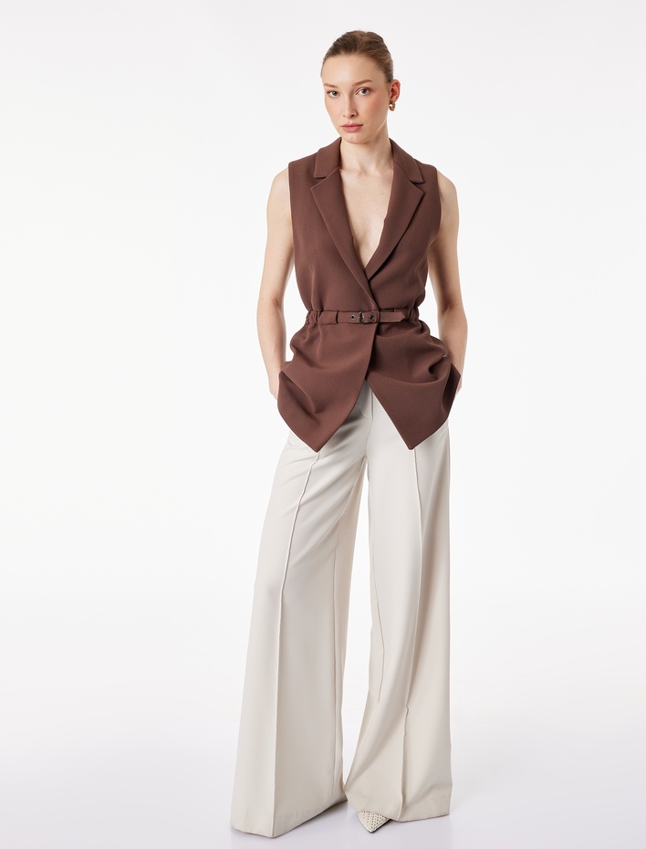  Regular Fit Kolsuz Kemerli Kruvaze Yaka Yelek