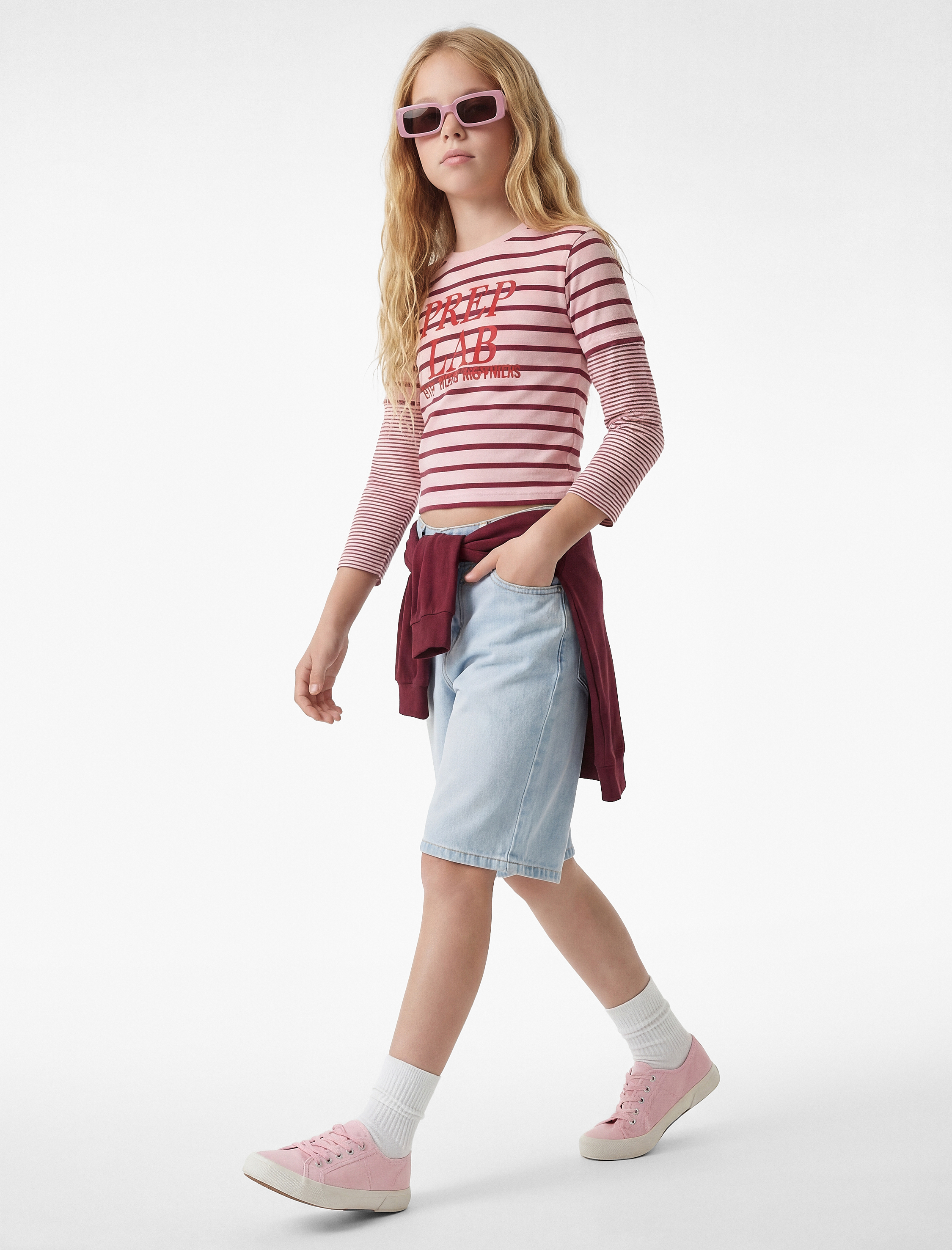  Kız Çocuk Uzun Kollu Bisiklet Yaka Baskılı Pamuklu Çizgili Tişört