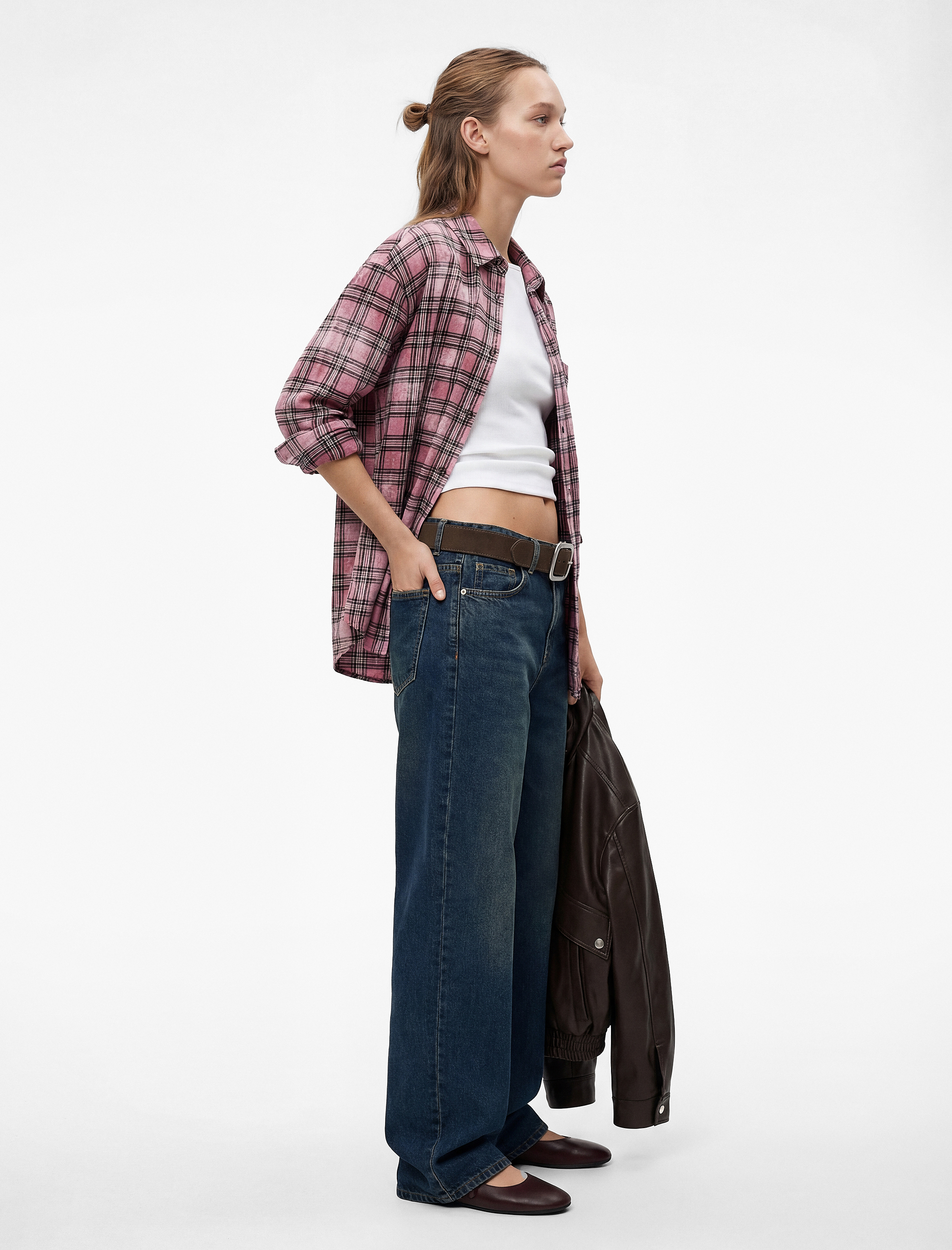   Uzun Kollu Gömlek Yaka Pamuklu Oversize Ekose Gömlek