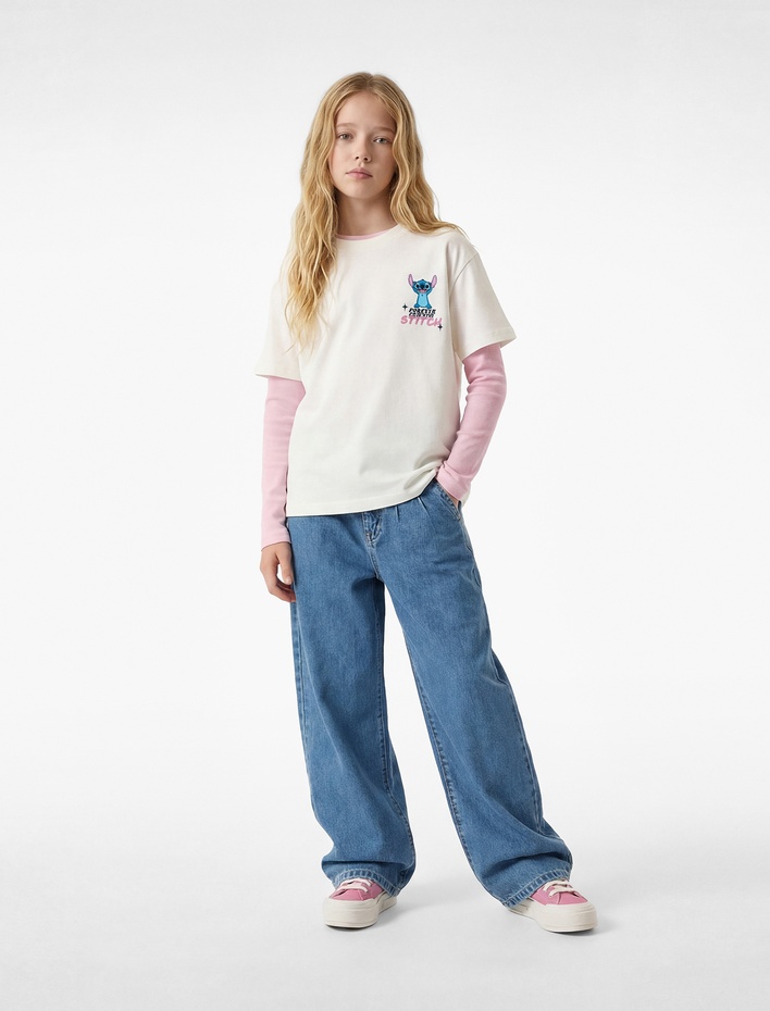 Kız Çocuk Stitch Baskılı Kısa Kollu Pamuklu Bisiklet Yaka Lisanslı Tişört