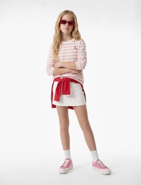 Pamuklu Uzun Kollu Bisiklet Yaka Nakışlı Çizgili Tişört