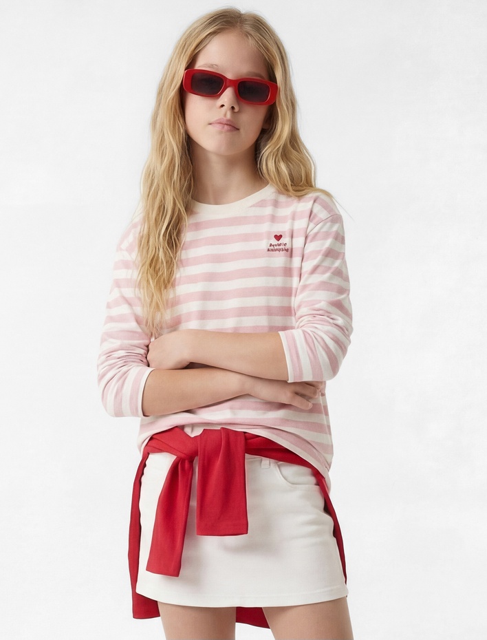 Kız Çocuk Pamuklu Uzun Kollu Bisiklet Yaka Nakışlı Çizgili Tişört