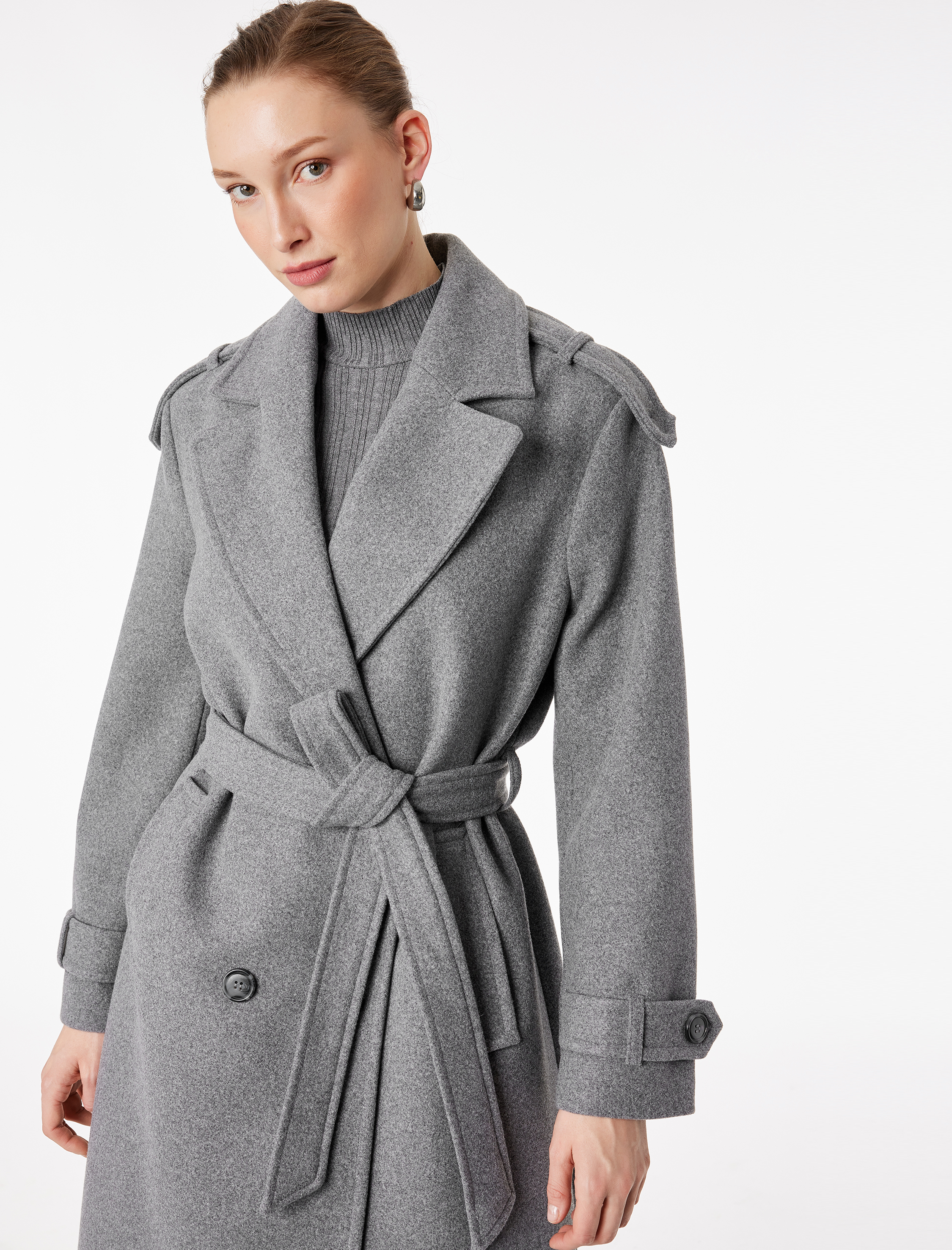   Trenç Kaban Kaşe Kruvaze Kemerli Cepli Uzun Kollu