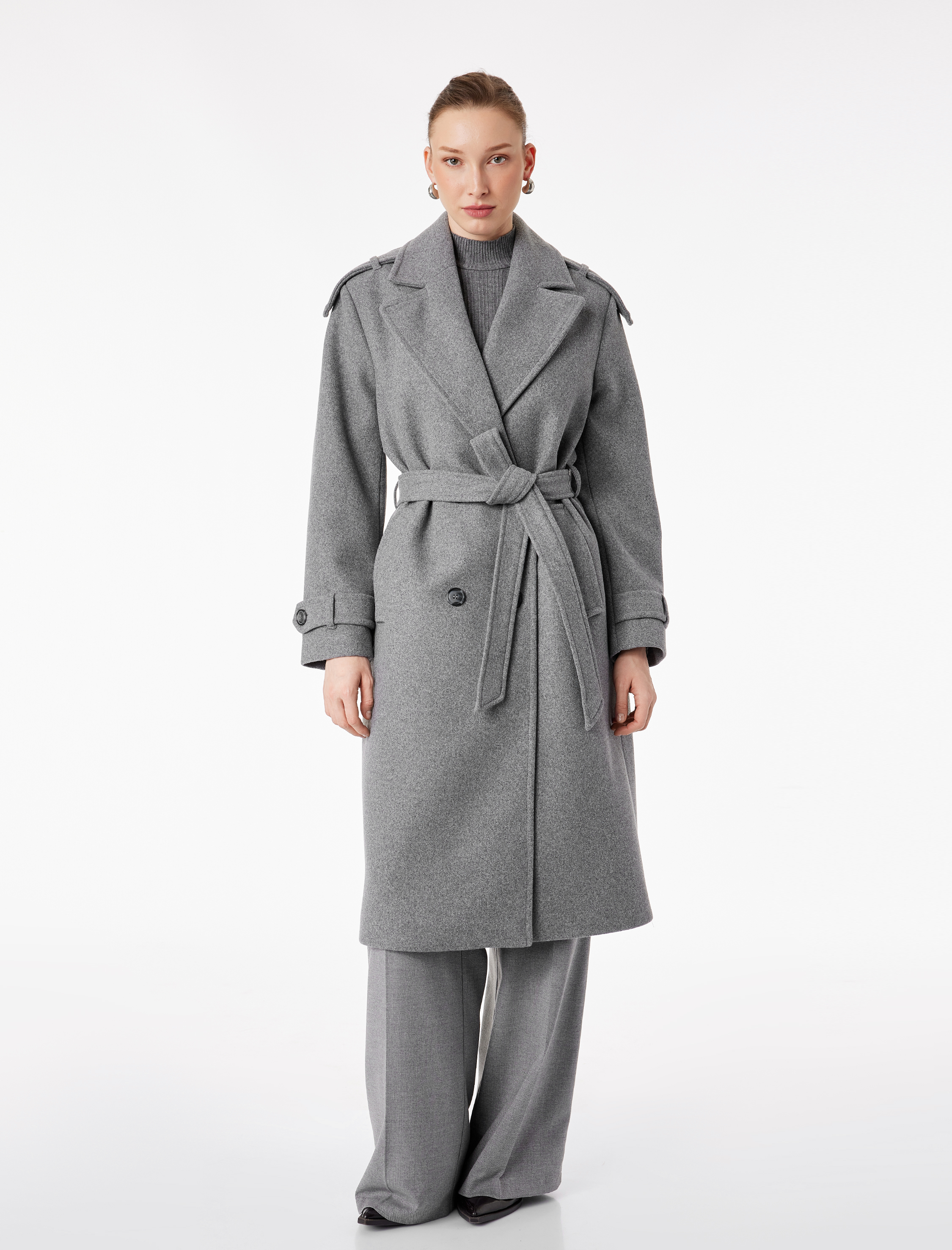   Trenç Kaban Kaşe Kruvaze Kemerli Cepli Uzun Kollu