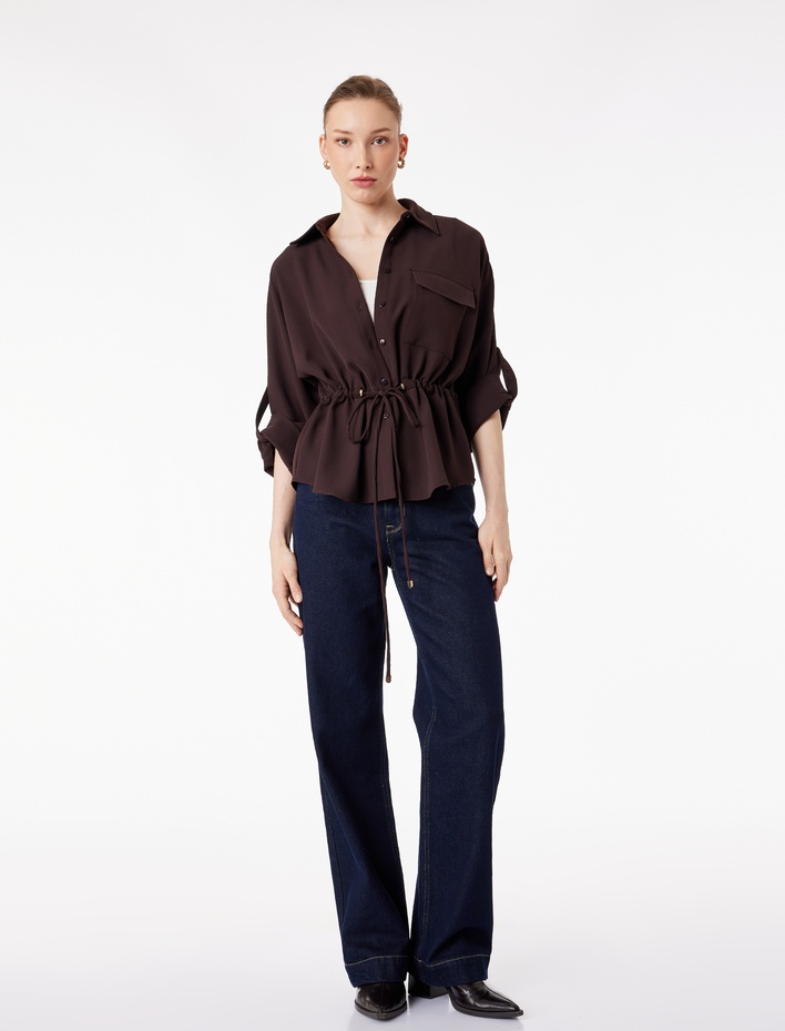  Uzun Kollu Klasik Yaka Beli Bağcıklı Cepli Gömlek