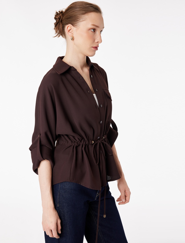  Uzun Kollu Klasik Yaka Beli Bağcıklı Cepli Gömlek