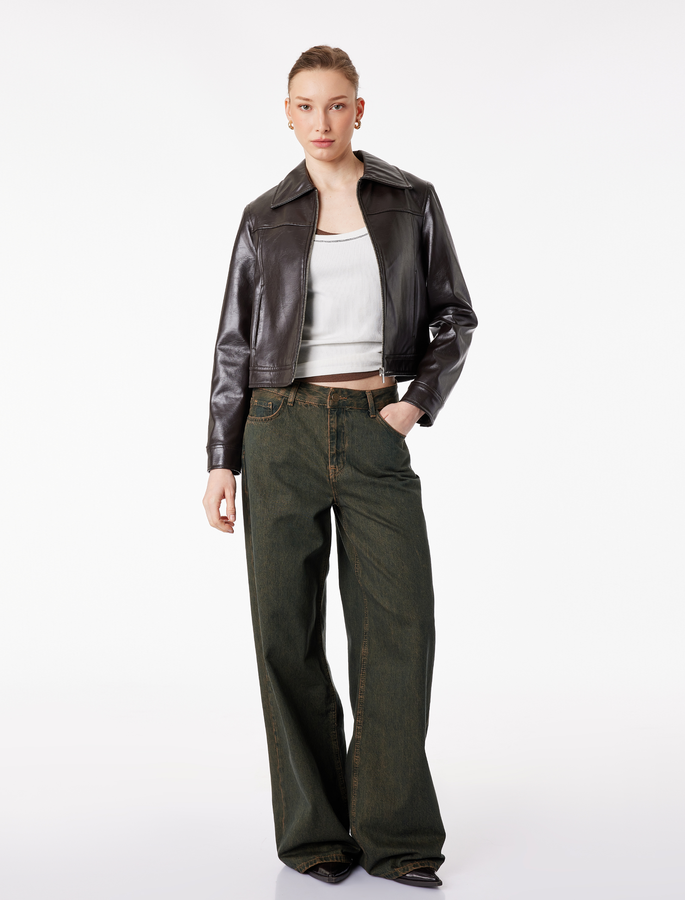   Bol Kalıp Düğmeli Cepli Yıkamalı Geniş Paça Denim Pantolon - Loose Straight Fit Jean